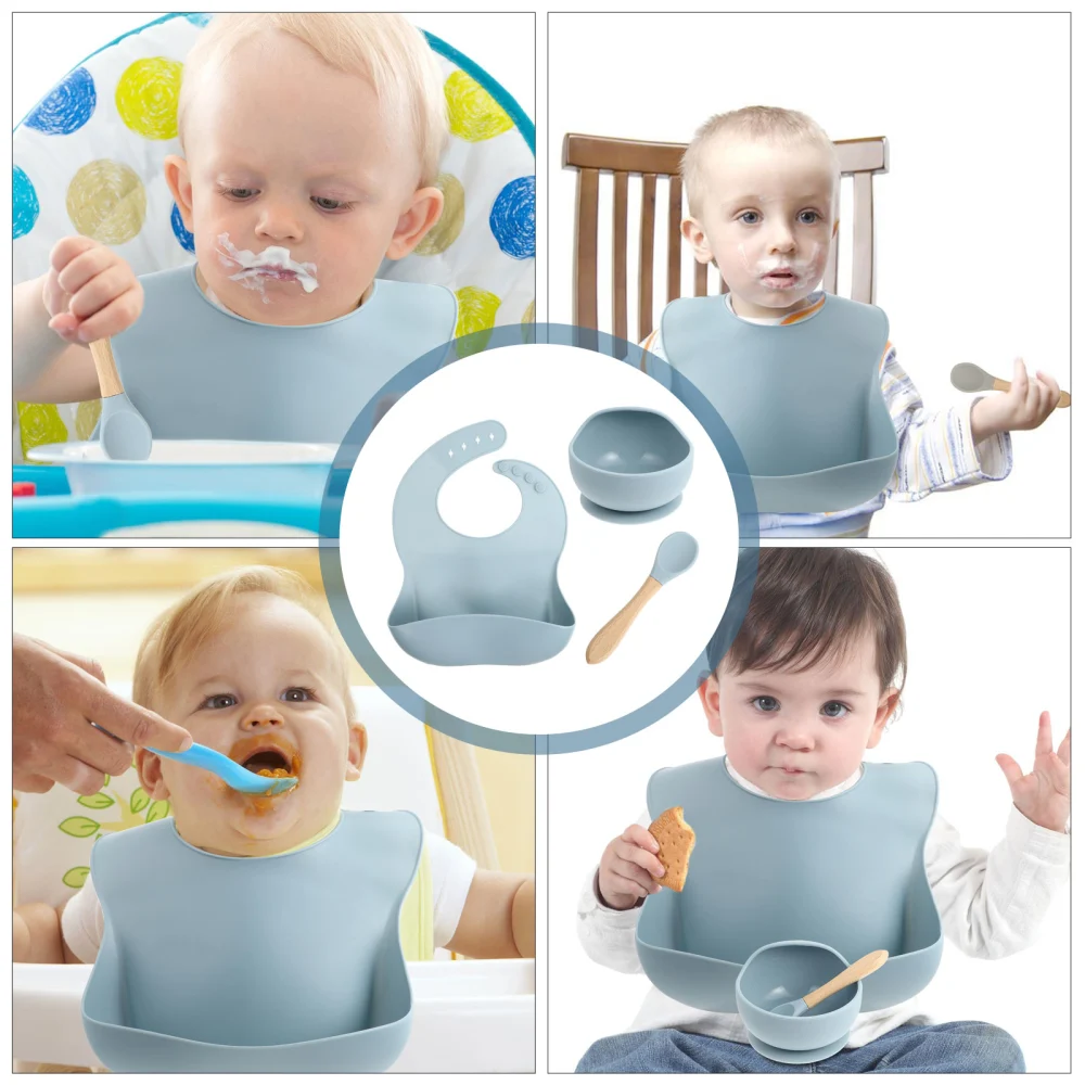 1 Set Silicone Baby Feeding Set Adjustable Baby Bib Toddler Eating Bowl Spoon