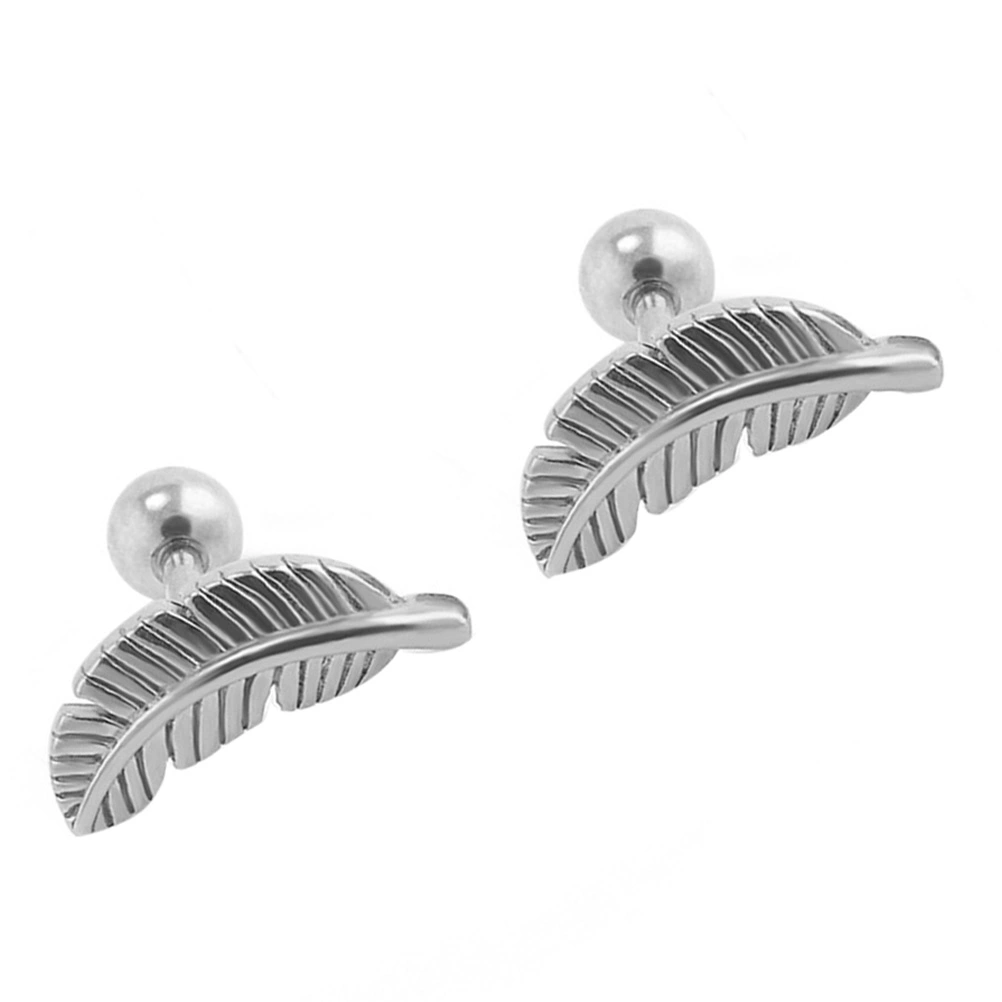 Fashion Feather Stud Earrings Titanium Steel Ear Studs Women Jewellery Gift (Silver)