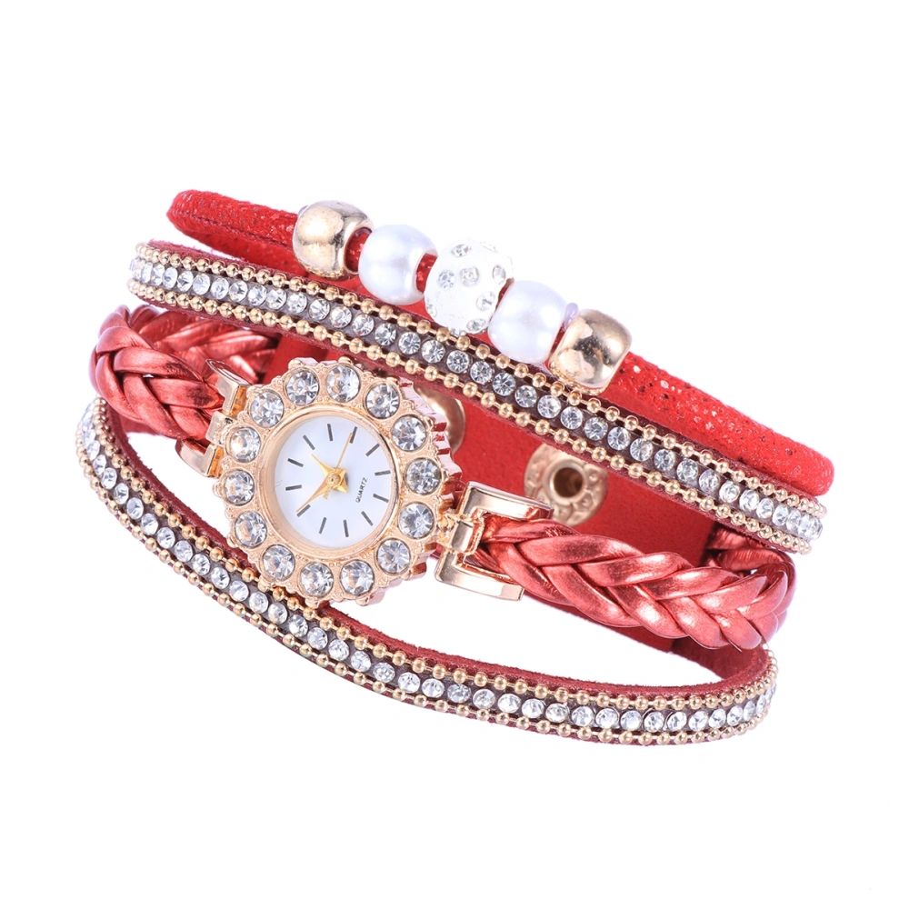 Women Weave Watch Fashion Personality Bracelet Diamond-studded Pearl Multi-layer Watch (Red)