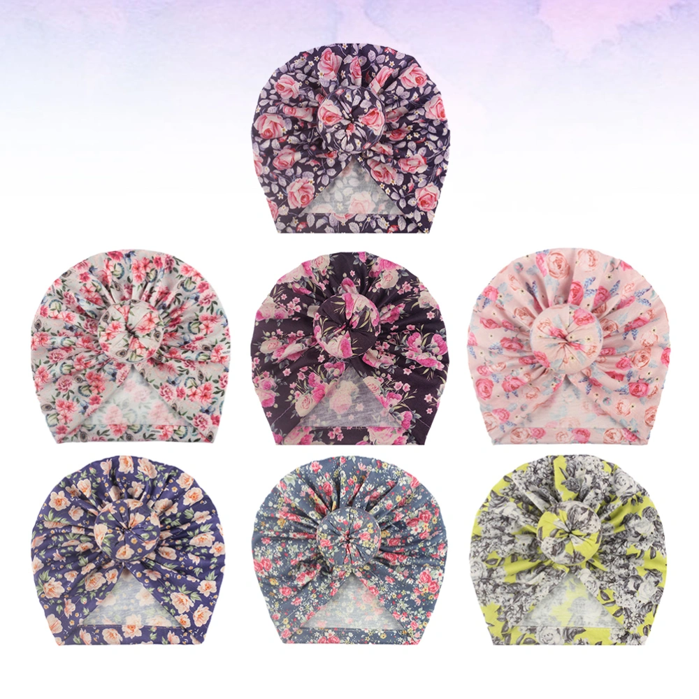 7Pcs Infants Elastic Beanie Breathable Creative Turban Hat Kids Headwear Printing Hat for Baby(Mixed Style)