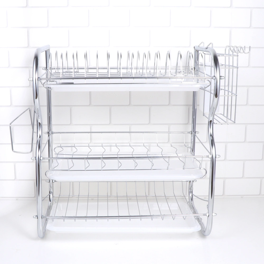 Kitchen Cutlery Drain Rack 3 Layer Dish Drainer Iron Art Utensils Storage Organizer Rustproof Dishes Plates Organization Shelf (Silver)