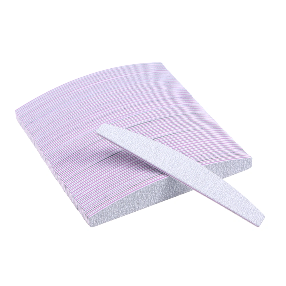 50pcs Crescent Shaped Grey Polish Nail Files Printing Double Sided Emery Board Nail Buffers Manicure Tools (Purple Base)