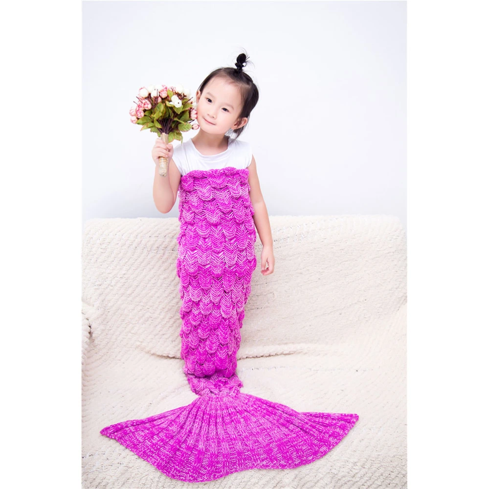 Tail Blanket with Scales Mermaid Crochet Blanket for Kids All Season Sleeping Bag (Bright Pink White)