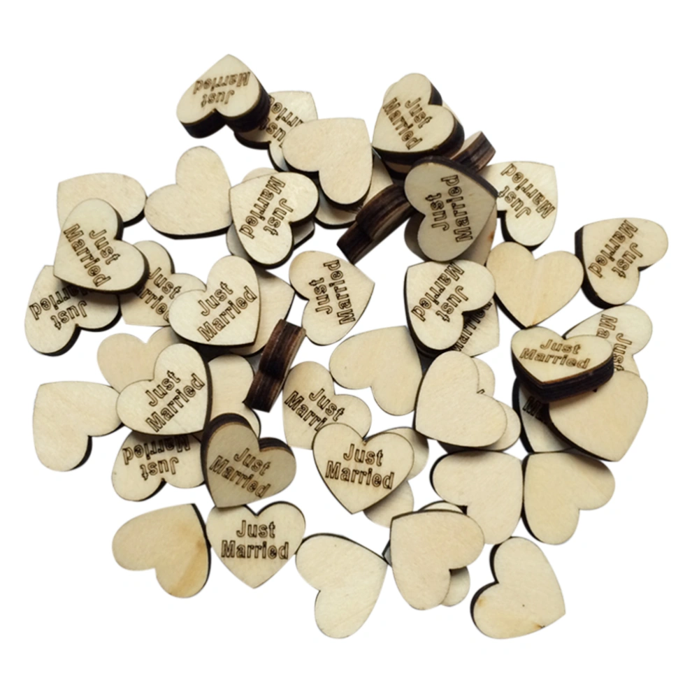 50pcs JUST MARRIED Letters Heart Shaped Wood Log Slices for DIY Crafts Wedding Centerpieces (Wood Color)