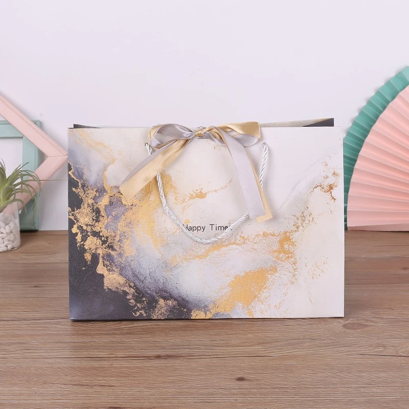 5Pcs Gift Bags with Handle Portable Paper Gift Bag Marble Pattern Present Bags with Bow Ribbon