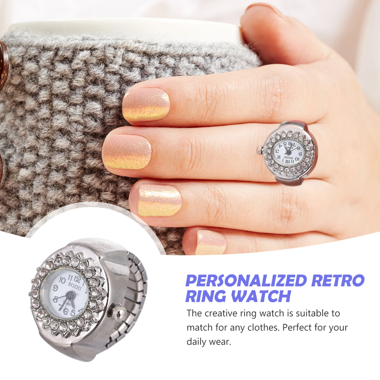 Fashion Ring Watch Diamond Elegant Women Men Finger Ring Watch Women Jewelry