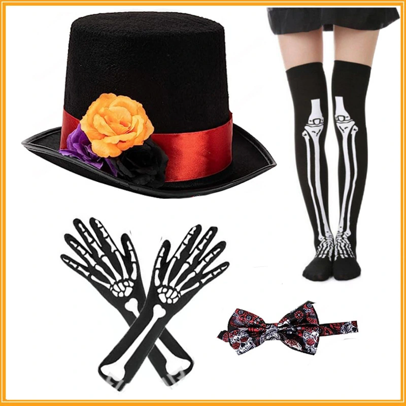 1 Set  Halloween Skull Gloves Hat Decoration Performance Gloves Bow Tie Party Supplies