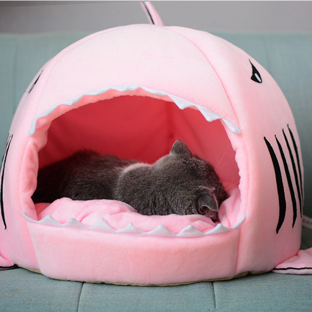 Pet Dog Cat Bed Nest Shark Winter Sleeping Bag Warm Kennel Cat Puppy House Warm Cats Sleeping Bed Mat - Size M (Pink)