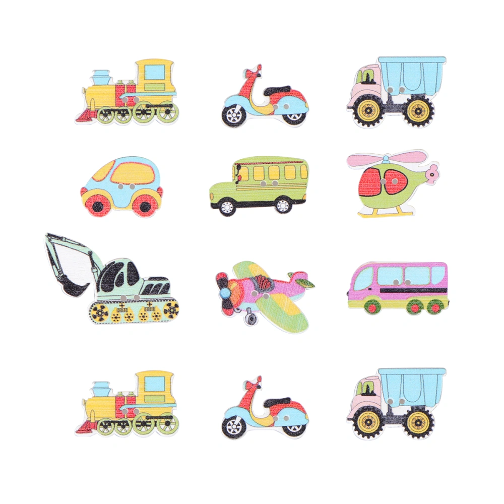 100 Pcs Wooden Buttons Handmade Color Cartoon Car Airplane Transport Wooden Buttons Lovely Traffic Tool Sewing Needlework Scrapbooking DIY Accessories (Mixed Style)