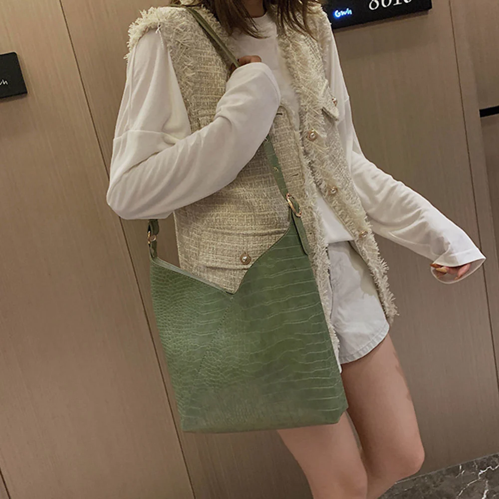 Green Lady Single Shoulder Bag Large Capacity Bucket Bag Crocodile Pattern Storage Crossbody Bag for Woman