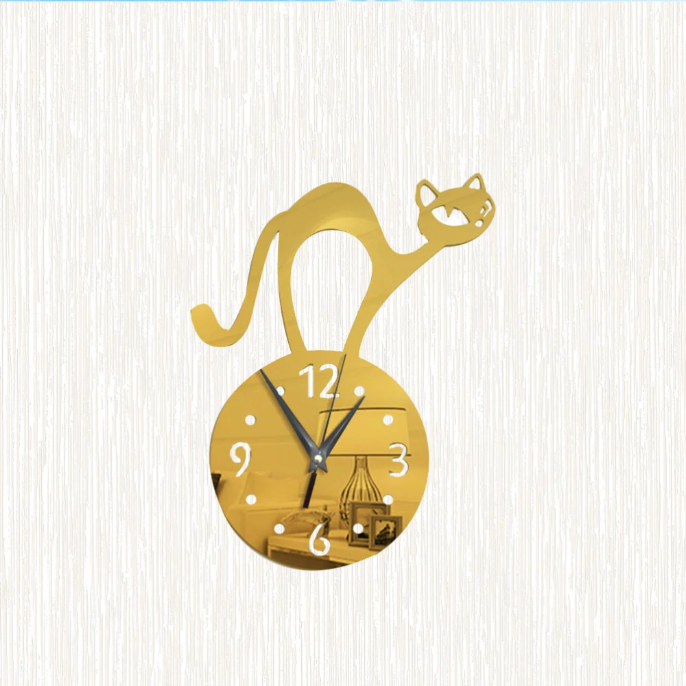 1PC Wall Clock Decor Cartoon Enchanting Kitten Wall Clock Mirror Surface Wall Decorative Clock Lovely Cat Wall Clock Sticker Delicate Cat Wall Clock for Home Cafe Bar Mall Without Battery Golden