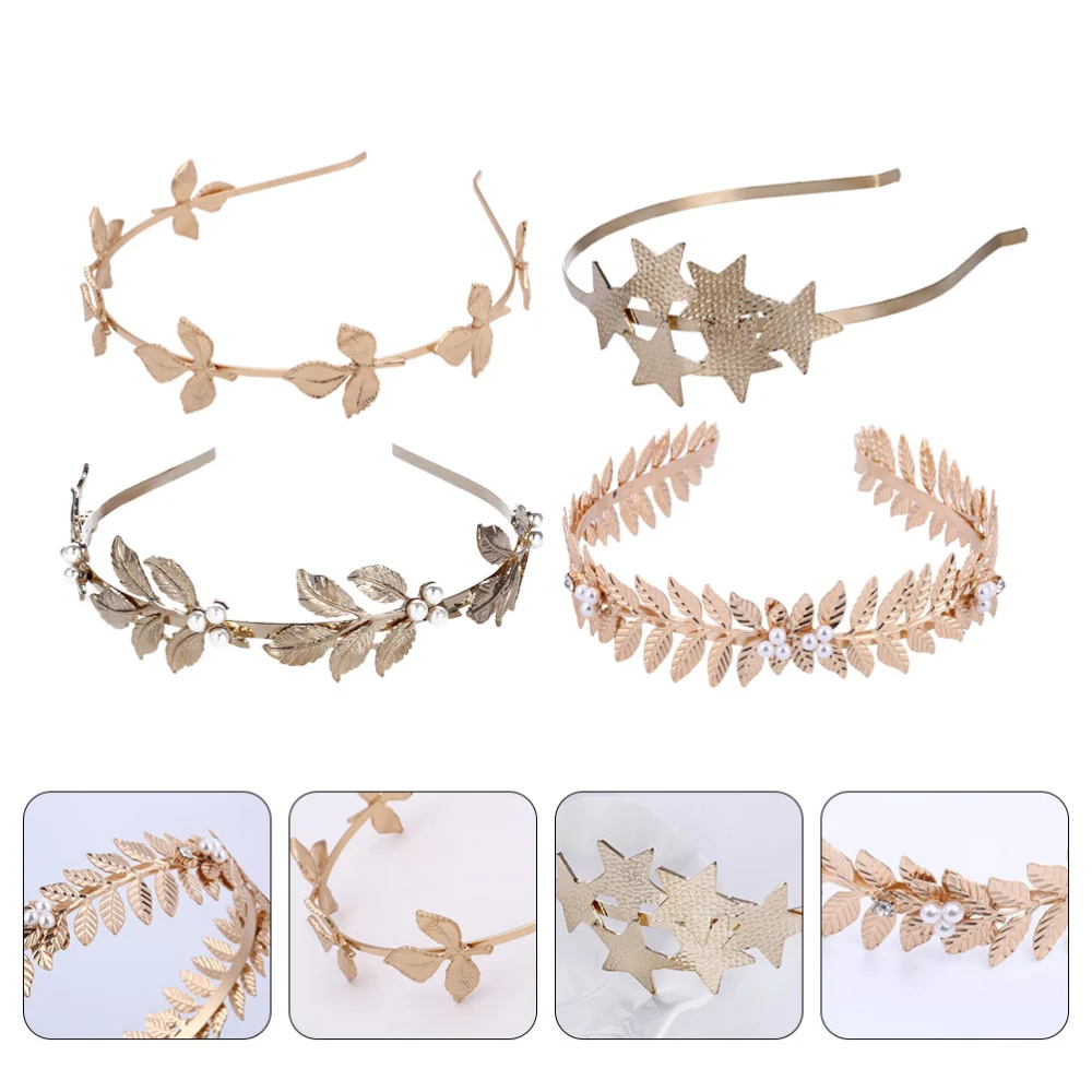 4pcs Goddess Leaf Faux Pearl Headband Star Bridal Hairband for Wedding Party