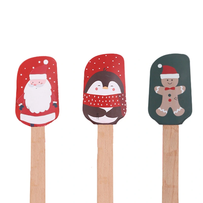 3pcs Christmas Theme Spatulas Silicone Cake Spatulas Wooden Handle Cake Scrapers Pastry Tools