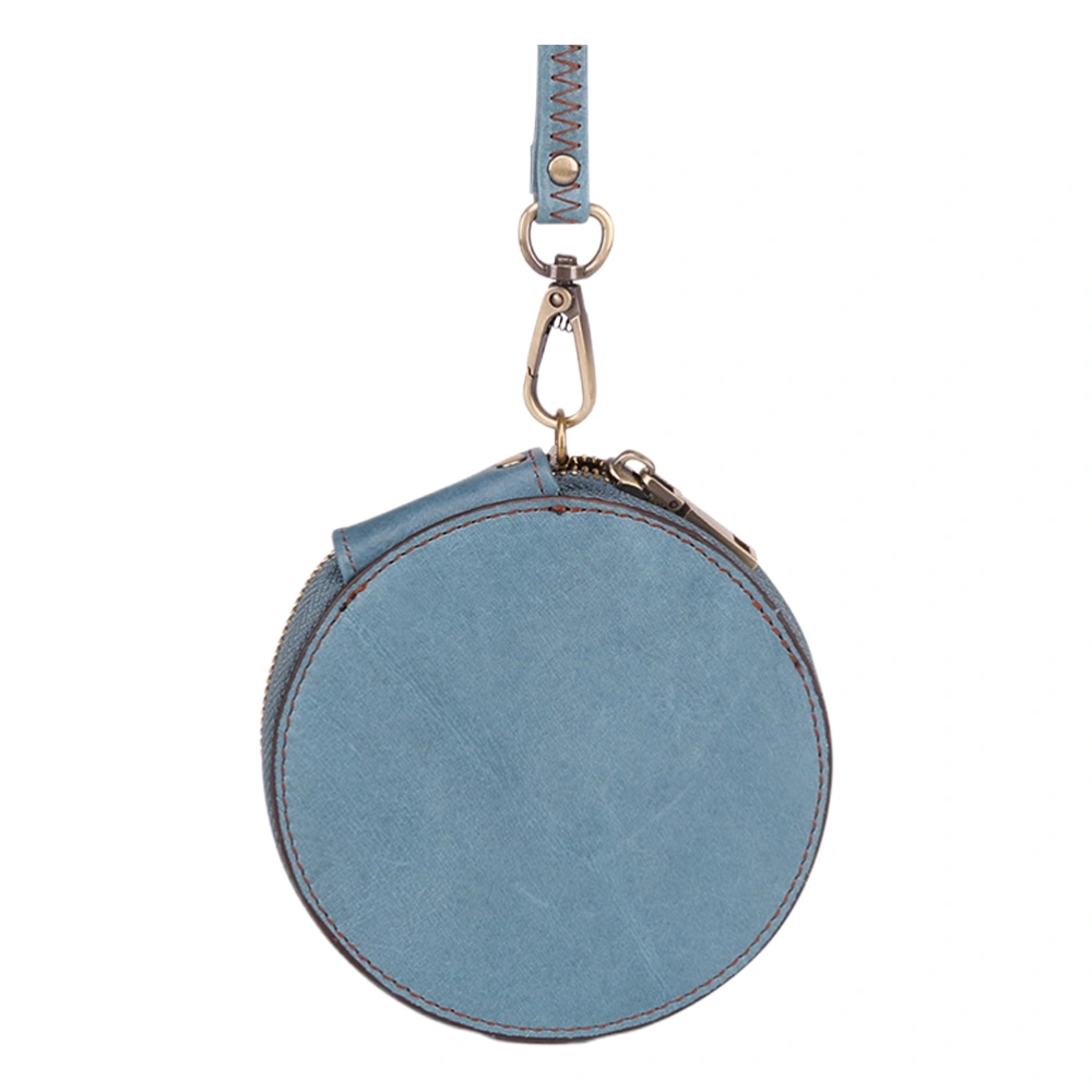 Mini Leather Wallet Vintage Coin Purse Purse Round Zipper Pocket Bag Small Handbag with Wrist Lanyard (Light Blue)