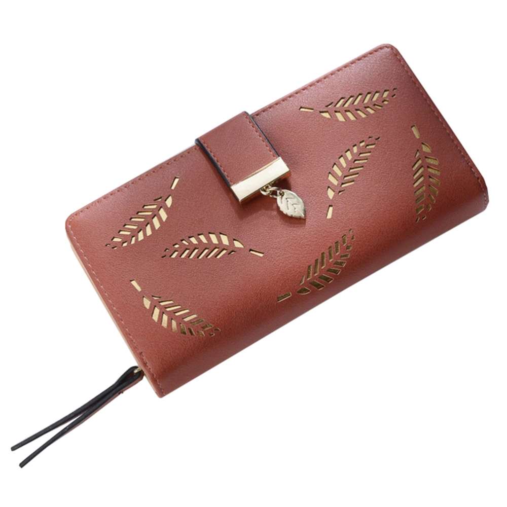 Women Buckle Clutch Wallet Hollow Leaves Long Leather Purse Elegant Clutch Wallet for Cash Holding (Coffee)