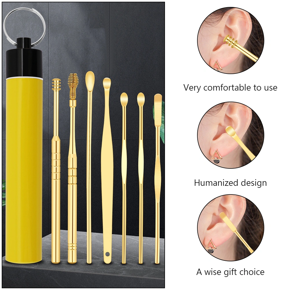 1 Set/7PCS Sturdy Ear Wax Removal Tool Ear Picking Tool with Keychain (Yellow)