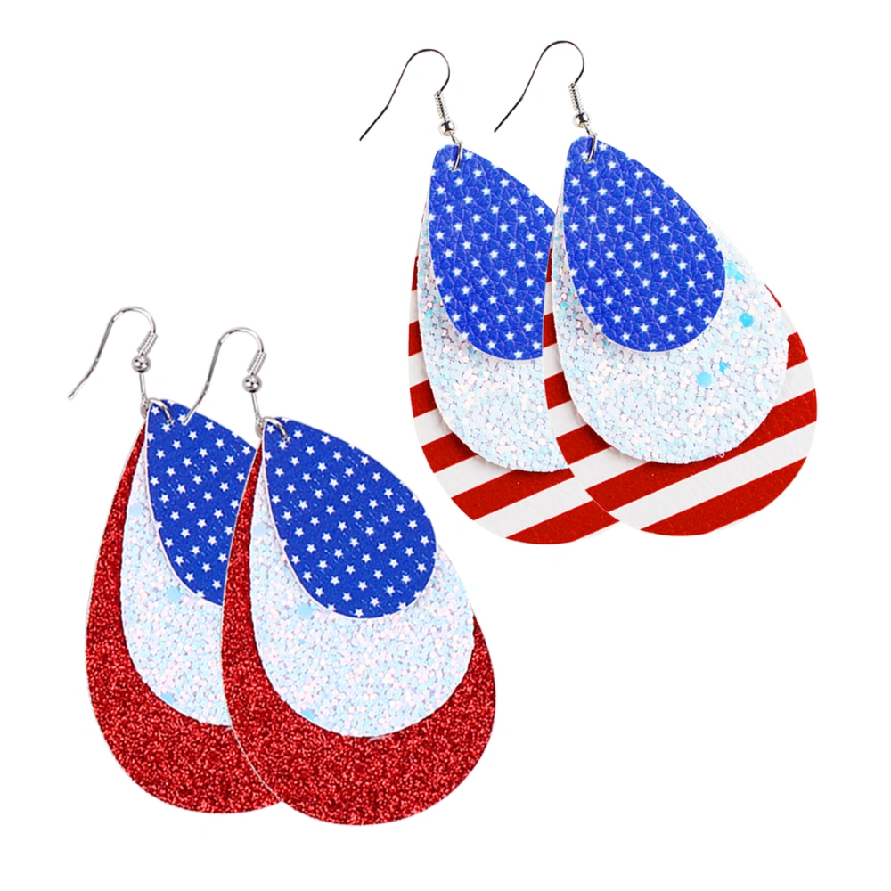 2 Pairs Independence Day Eardrops Fashion Water Drop Shape PU Earrings Jewelry Ornaments for Women Girls Decoration