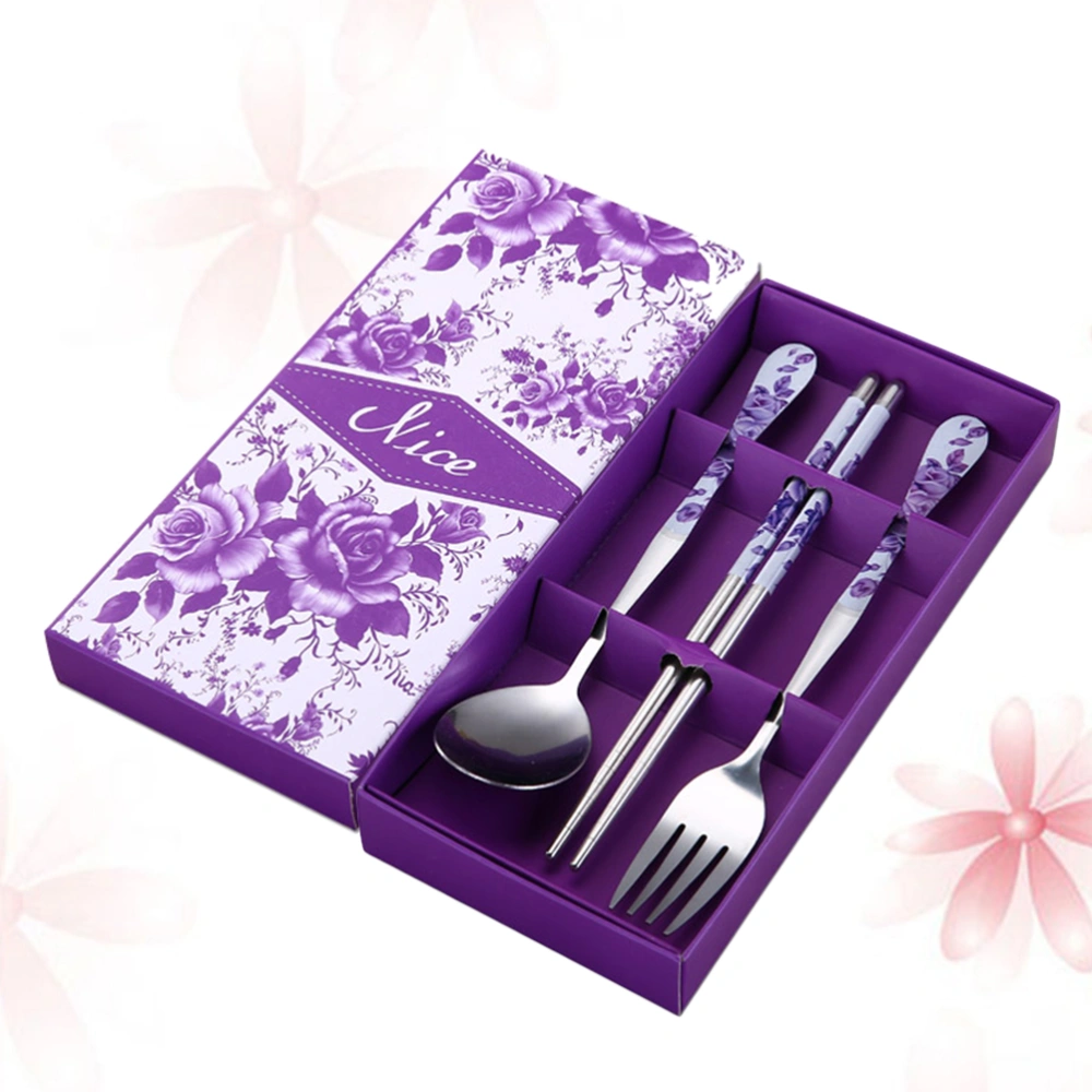 3PCS Stainless Steel Chopsticks Fork Cutlery Set Outdoor Portable Server Set of Chopstick Spoon Fork (Purple Rose)