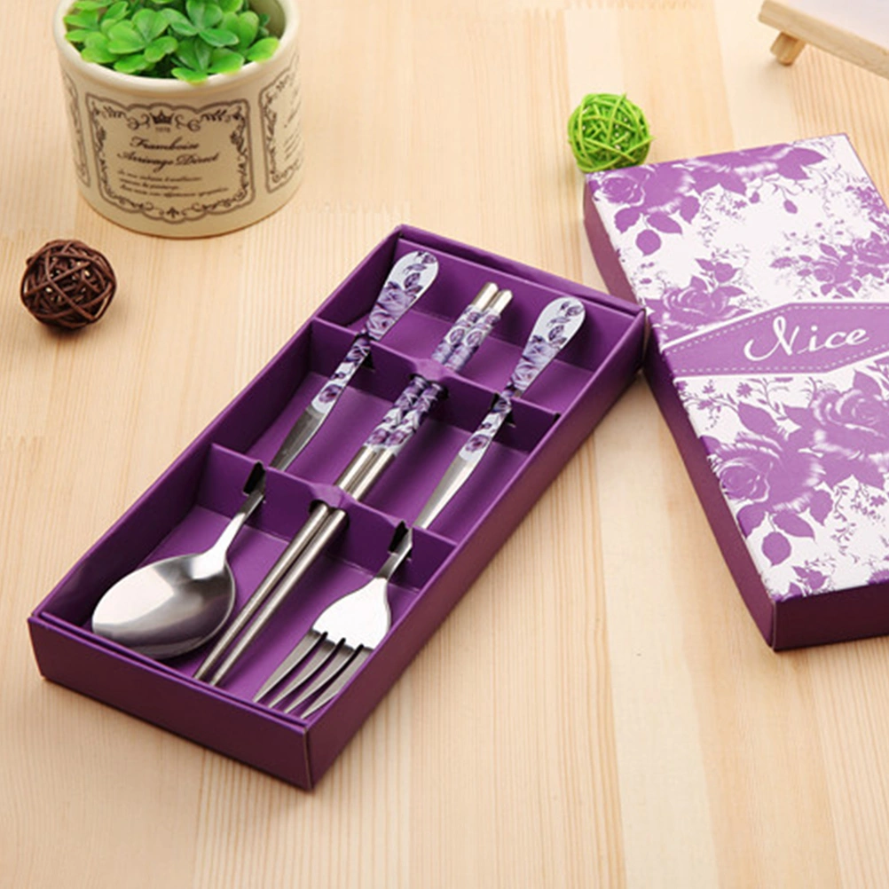 3PCS Stainless Steel Chopsticks Fork Cutlery Set Outdoor Portable Server Set of Chopstick Spoon Fork (Purple Rose)