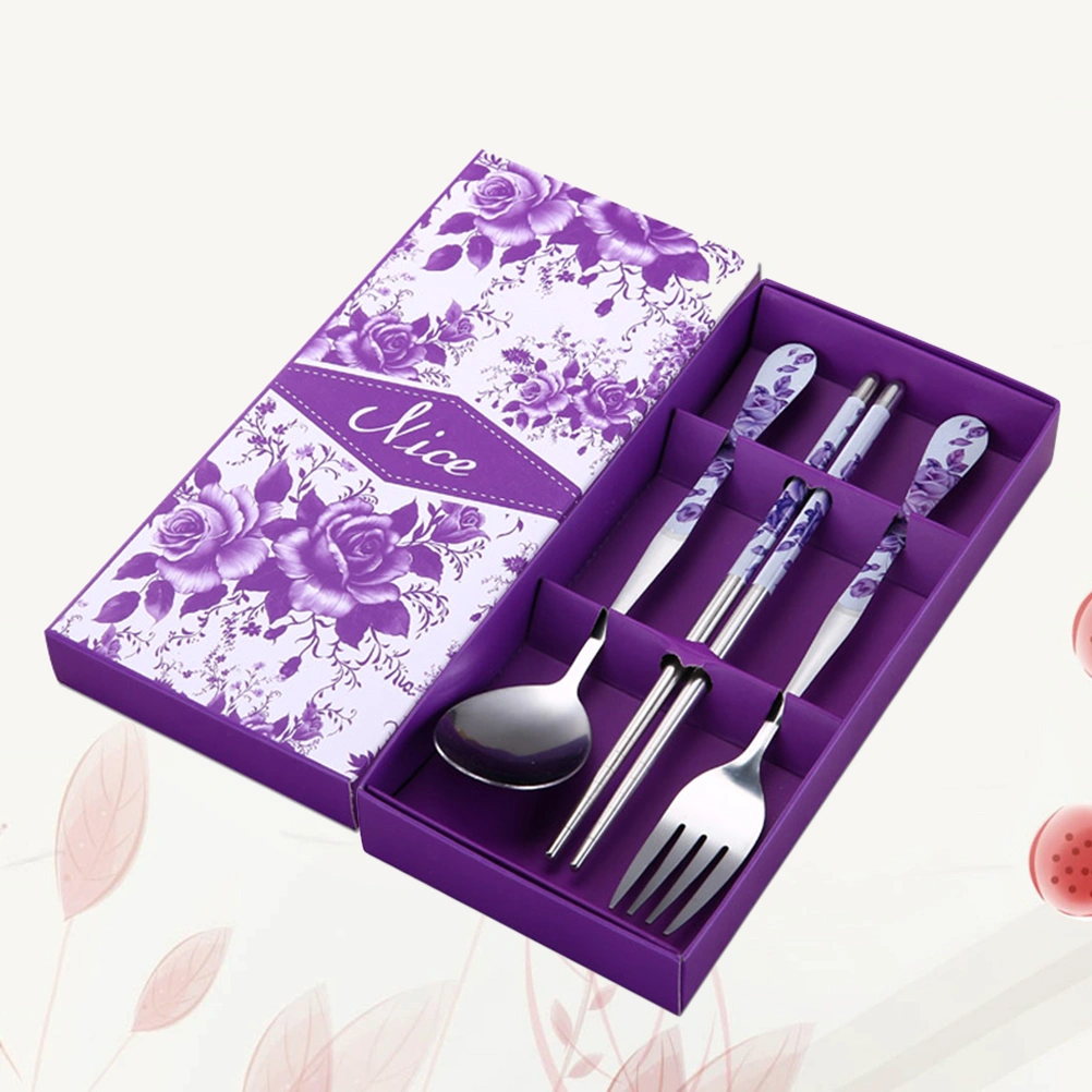 3PCS Stainless Steel Chopsticks Fork Cutlery Set Outdoor Portable Server Set of Chopstick Spoon Fork (Purple Rose)