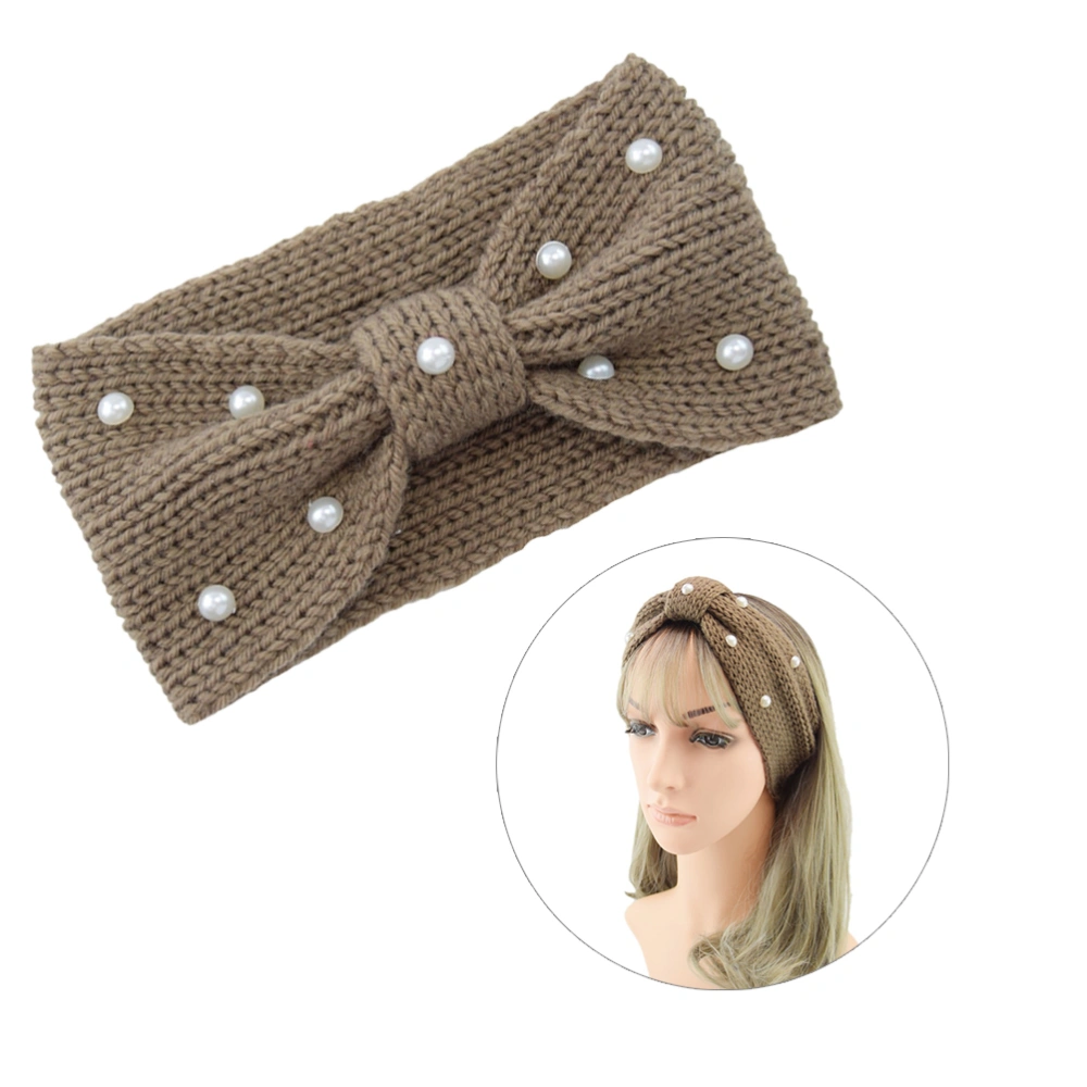 1Pc Knit Woolen Headband Pearl Decor Headdress Bowknot Head Cover Winter Headwraps for Women Khaki