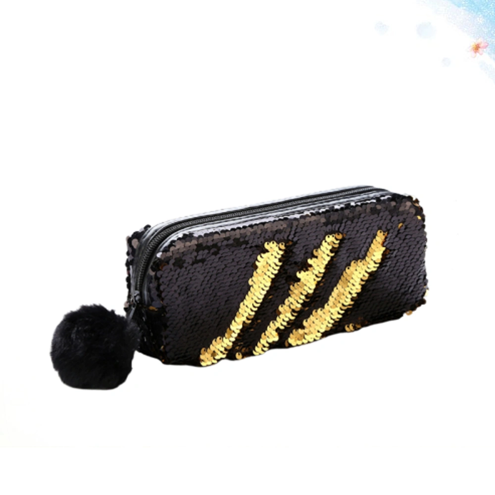 Pen Case with Pompon And Sequins Lady's Makeup Bag with Sequined Pencil Case