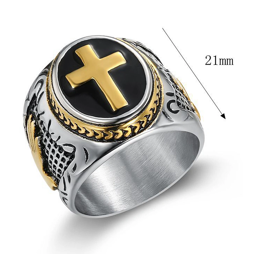 1pc Retro Crucifix Mens Ring Cross Band Ring Stainless Steel Ring Finger Decoration for Men Boys (Golden)