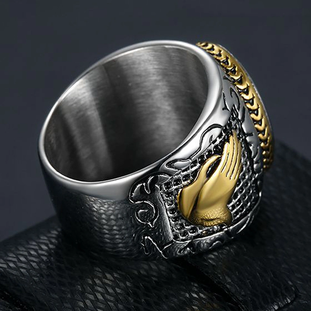1pc Retro Crucifix Mens Ring Cross Band Ring Stainless Steel Ring Finger Decoration for Men Boys (Golden)