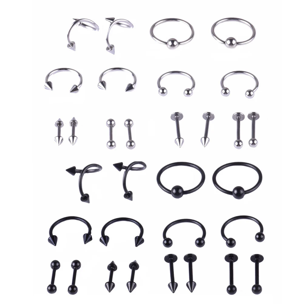 32pcs of One Set Delicate Curved Ring Piercings Jewelry Simple Piercing Jewelry Stainless Steel Studs for Eyebrow Nose Lip Body (Silver Black)