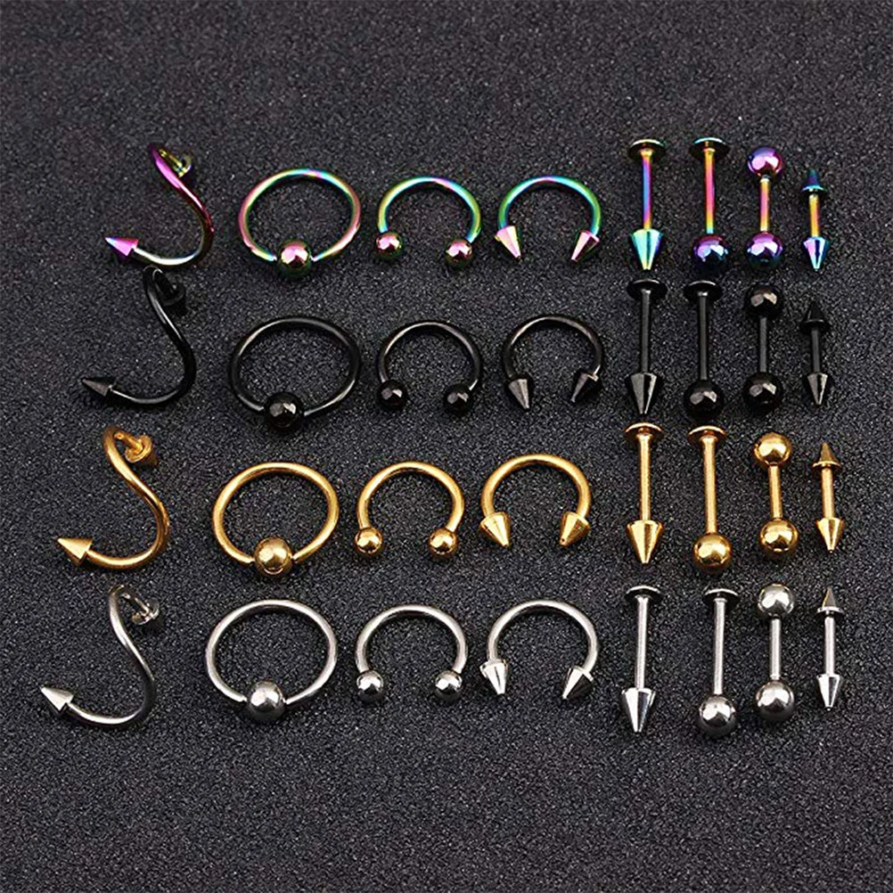 32pcs of One Set Delicate Curved Ring Piercings Jewelry Simple Piercing Jewelry Stainless Steel Studs for Eyebrow Nose Lip Body (Silver Black)