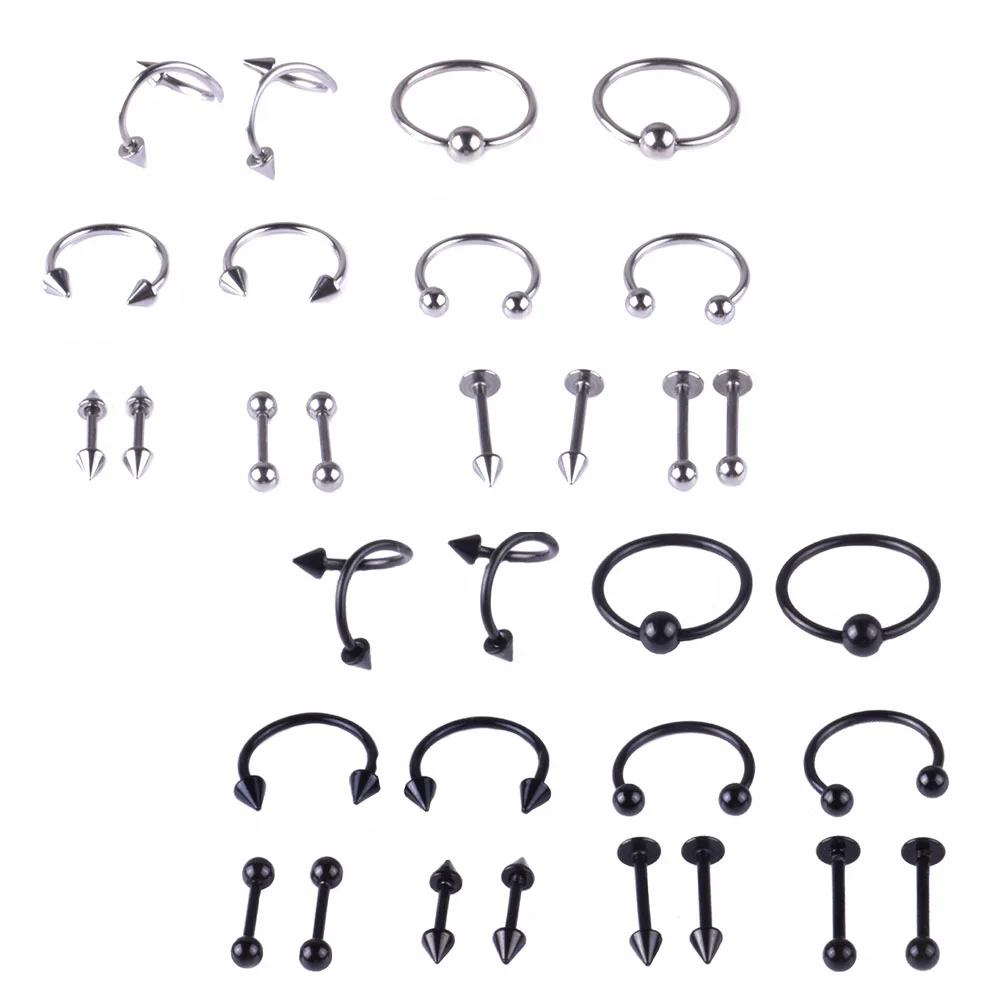 32pcs of One Set Delicate Curved Ring Piercings Jewelry Simple Piercing Jewelry Stainless Steel Studs for Eyebrow Nose Lip Body (Silver Black)