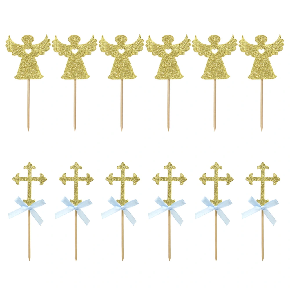 24pcs/2 Packs Cross and Angel Shape Cake Toppers Glittering Cake Picks Cupcake Decor Party Supplies for Wedding Birthday Festival (Blue Bowknot)