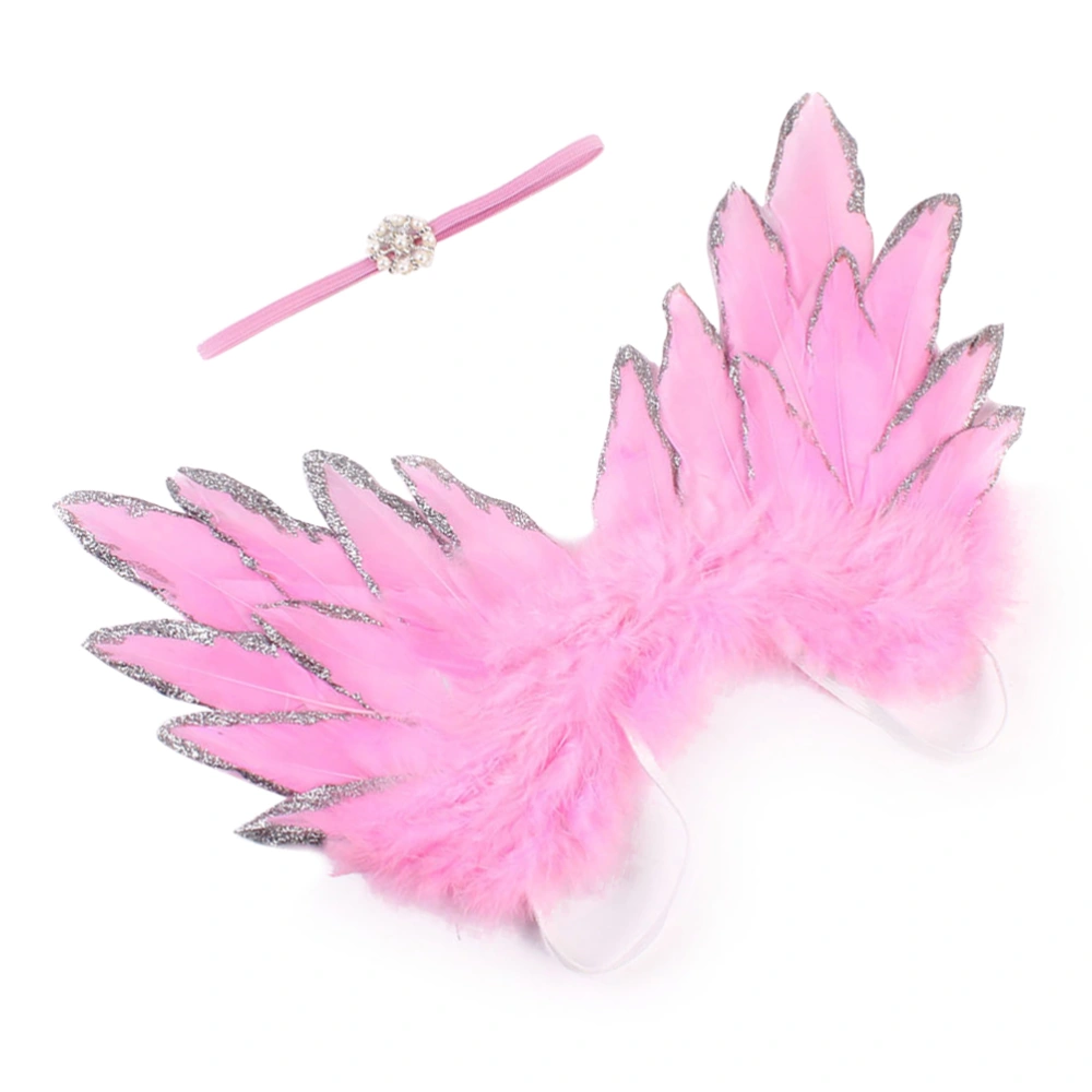 Newborn Baby Feather Angel Wings Rhinestone Headband Set Baby Chiffon Flower Headband Hair Accessories Newborn Photo Prop Costume (Pink)