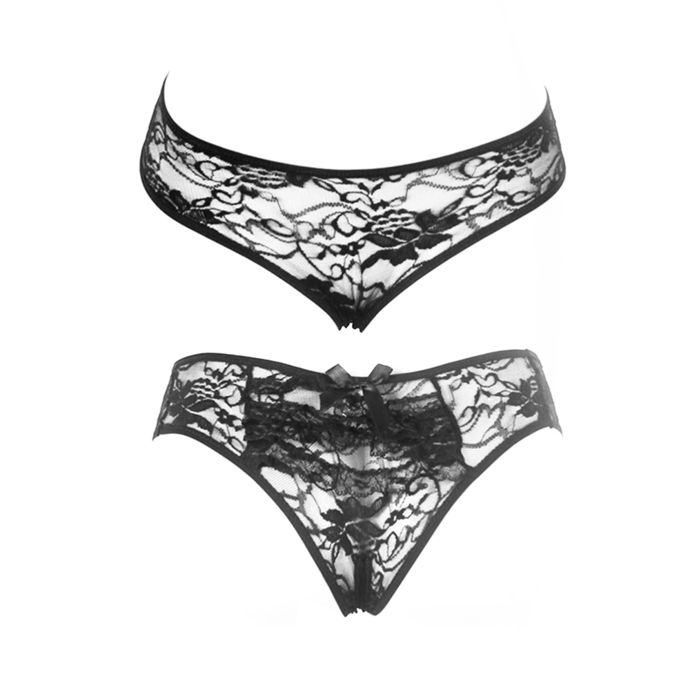 Women's Sexy Lace Lingerie Underwear Open Crotch G-String Briefs - Size 2XL (Black)