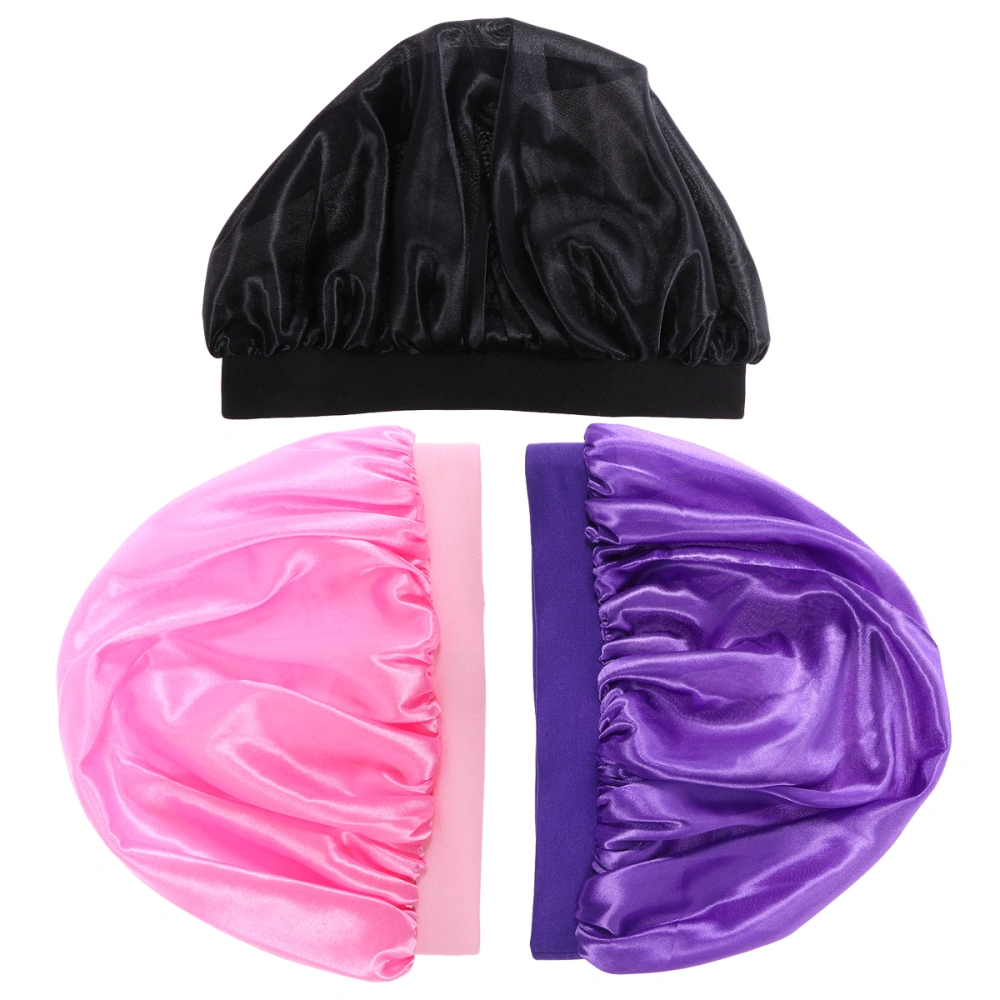 3Pcs Kids Nightcaps Elastic Sleeping Caps Hair Protection Cowls Wide Rim Hat for Home Travel (Purple Black Pink)