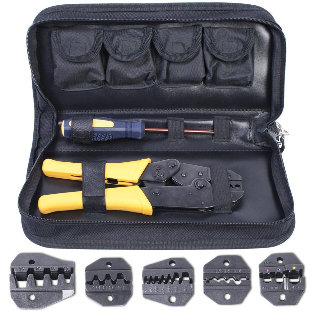 Durable Self-Adjustable Crimping Pliers Ratcheting Ferrules Crimper Tool with 5 Interchangeable Jaws & One Screw Driver