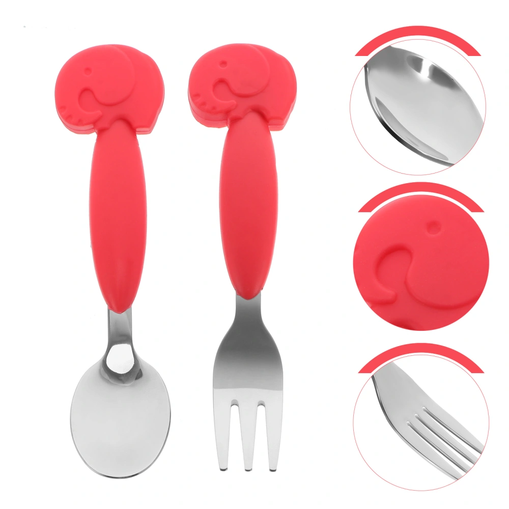 2 Pcs Baby Cutlery Cartoon Elephant Training Tableware Silicone Spoons and Forks