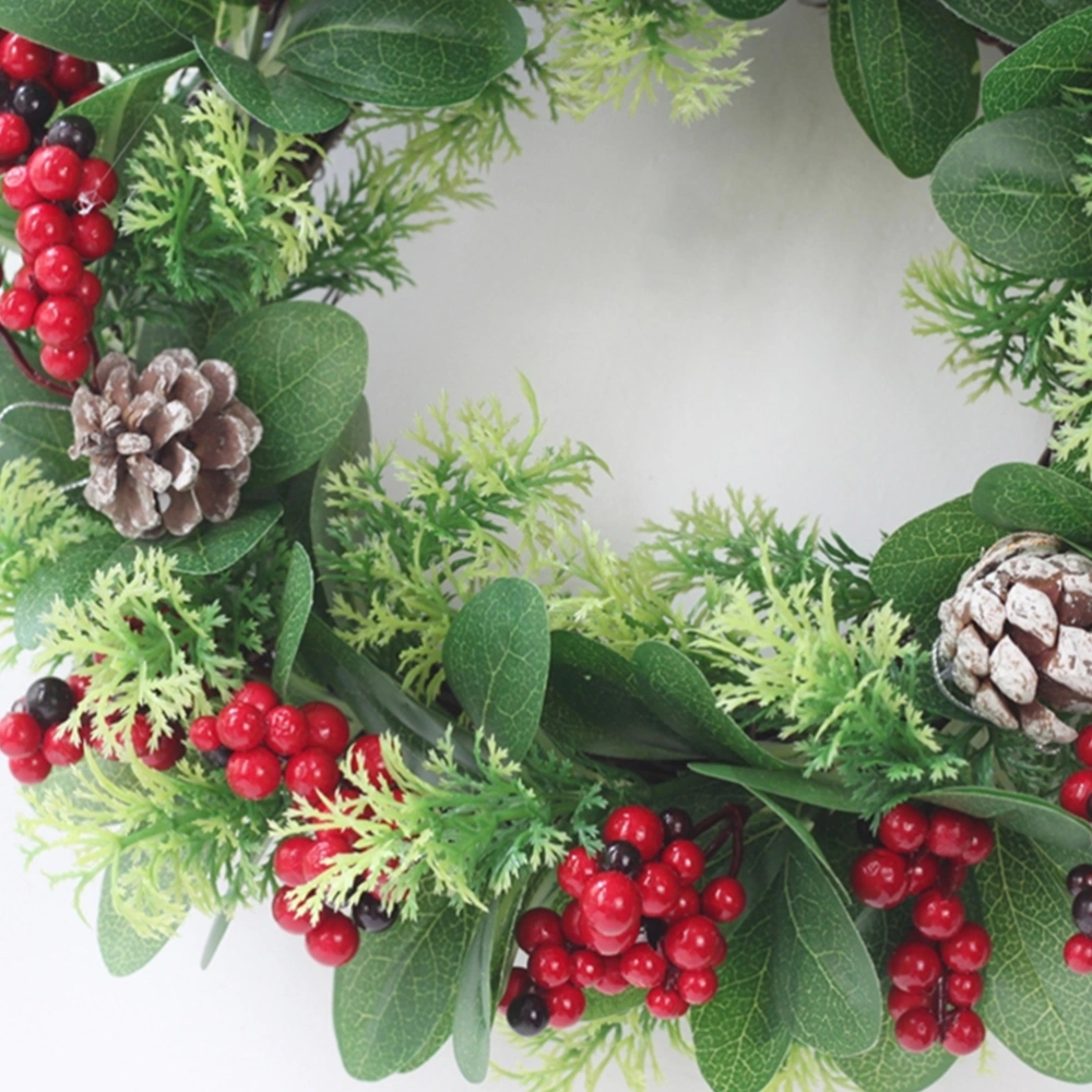 1Pc Simulation Plant Garland Artificial Red Berries Pine Cone Green Leaves Wreath Wall Hanging Wreath Pendant for Christmas Home Party Decor (Red Green Size L)