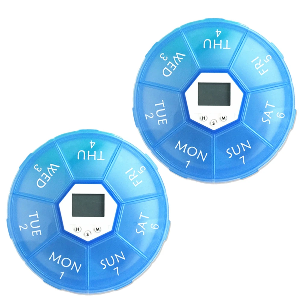 2PCS 7 Days Digital Pill Organizer Weekly Timer Pill Box Night Light Reminder Medicine Storage Sub-box (Blue)