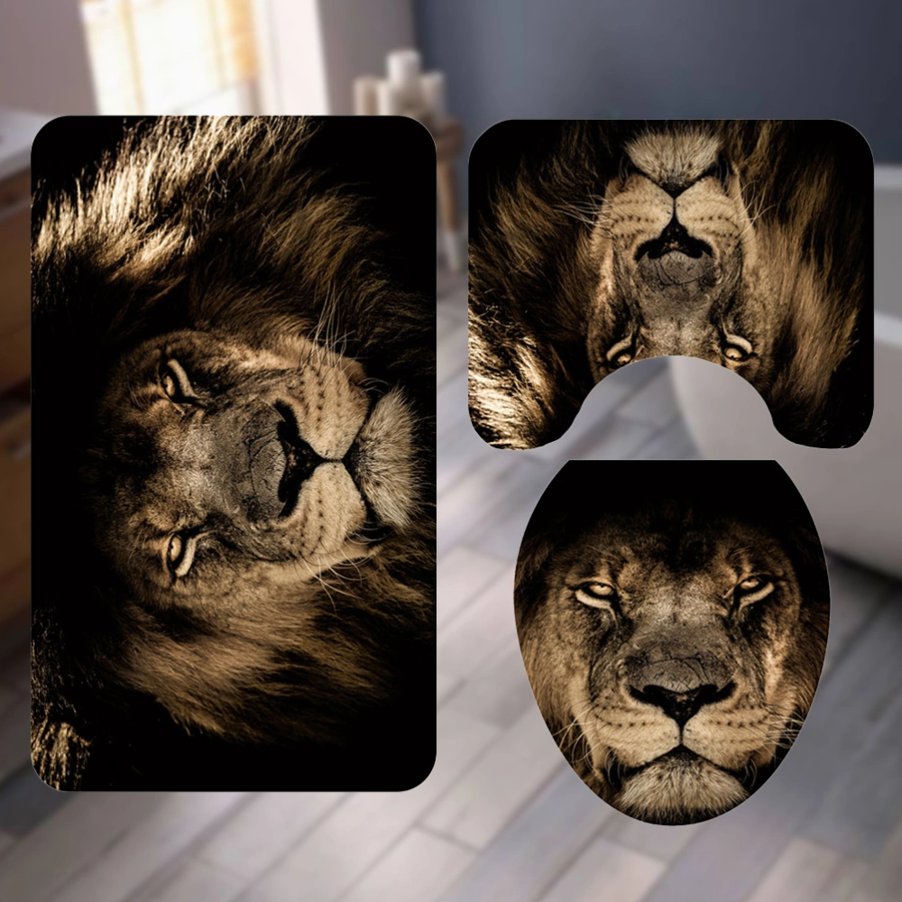 3 in 1 Lion Pattern Bathroom Pads Set Non-slip Washroom Carpets Mat Toilet Seat Lid Cover for Home Hotel