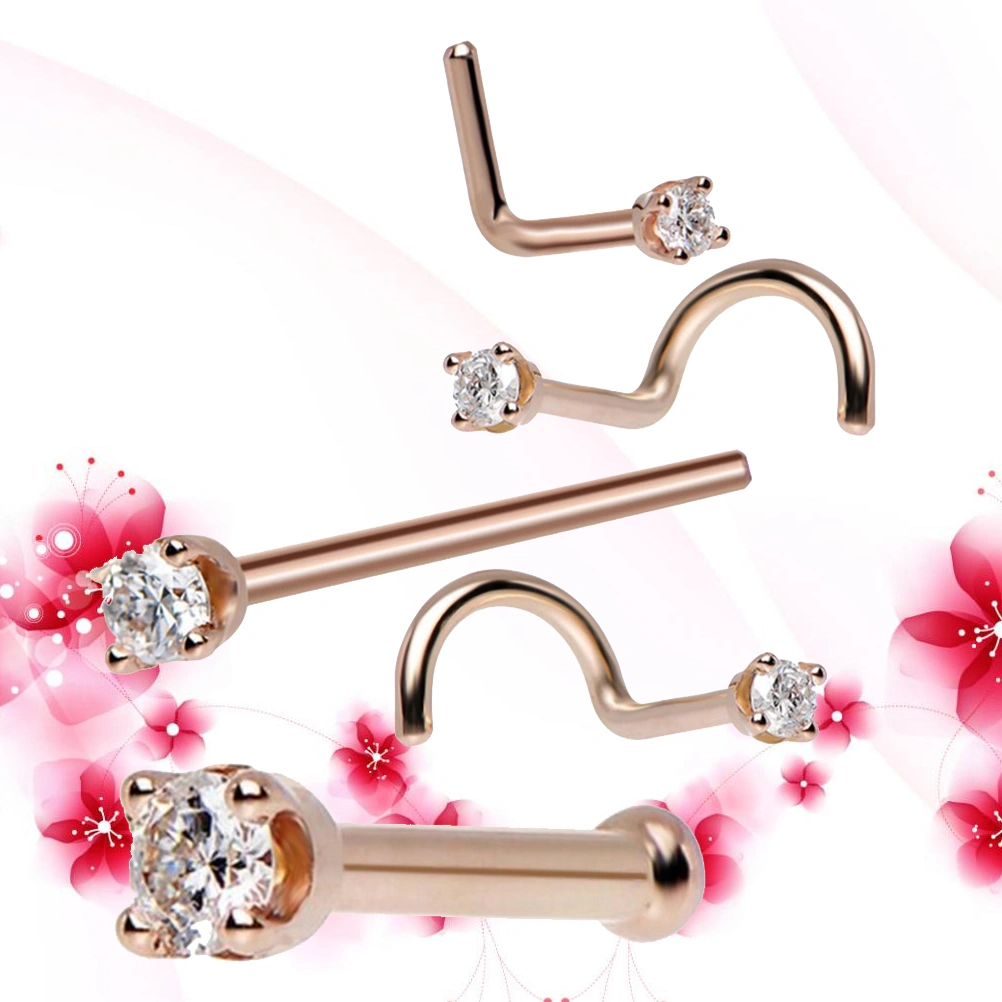 5Pcs Nose Studs Piercing Nose Ring Screw Stainless Steel Curved Nose Nails Piercing Jewelry (Rose Gold)
