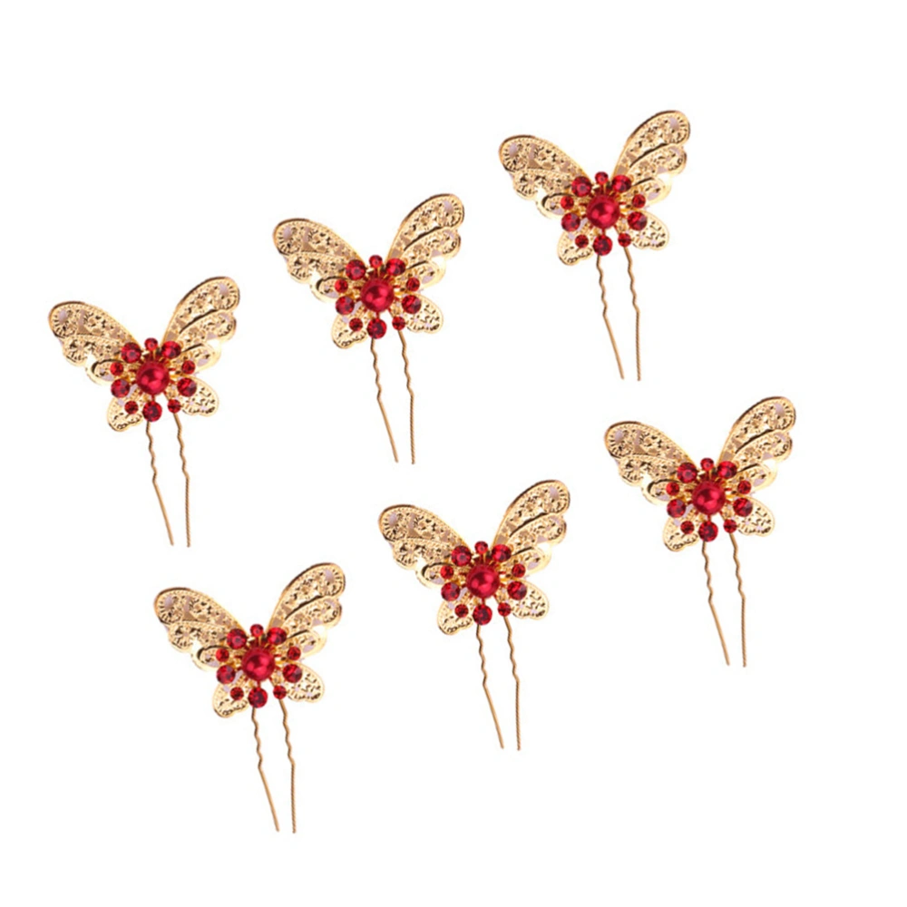 6PCS U Shaped Hairpins Alloy Elegant Vintage Rhinestone Inlaid Hair Sticks Updo Hair Chopsticks (Golden)