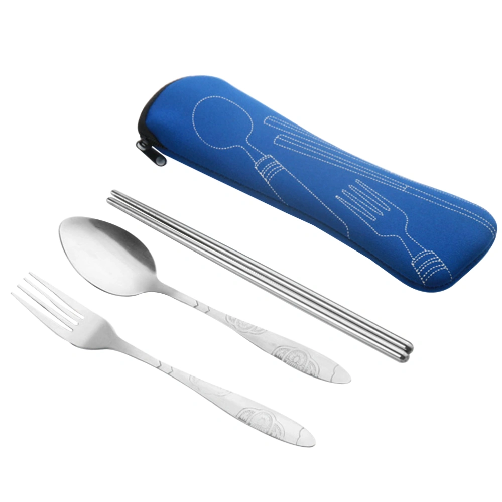 4 Pcs Stainless Steel Tableware Suit Premium Portable Patterned Fork Spoon Chopstick Set Dinnerware Set with Storage Bag (Blue)