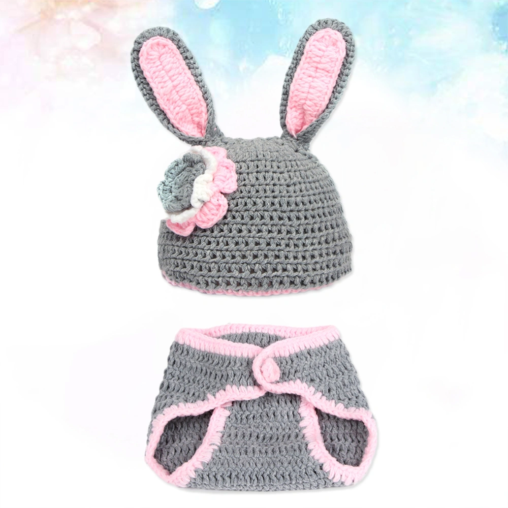 Unisex Newborn Baby Rabbit Photo Props Knit Corchet Photography Props Outfits Hat Pant - Flower Bunny (Pink and Gray)