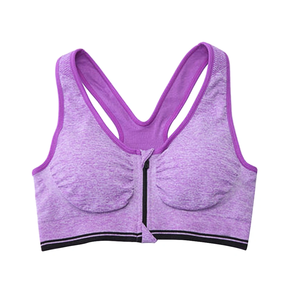 Women's Front Zipper Closure Sports Bra Padded Push Up Wirefree Crop Gym Fitness Running Bra Size XL (Purple)