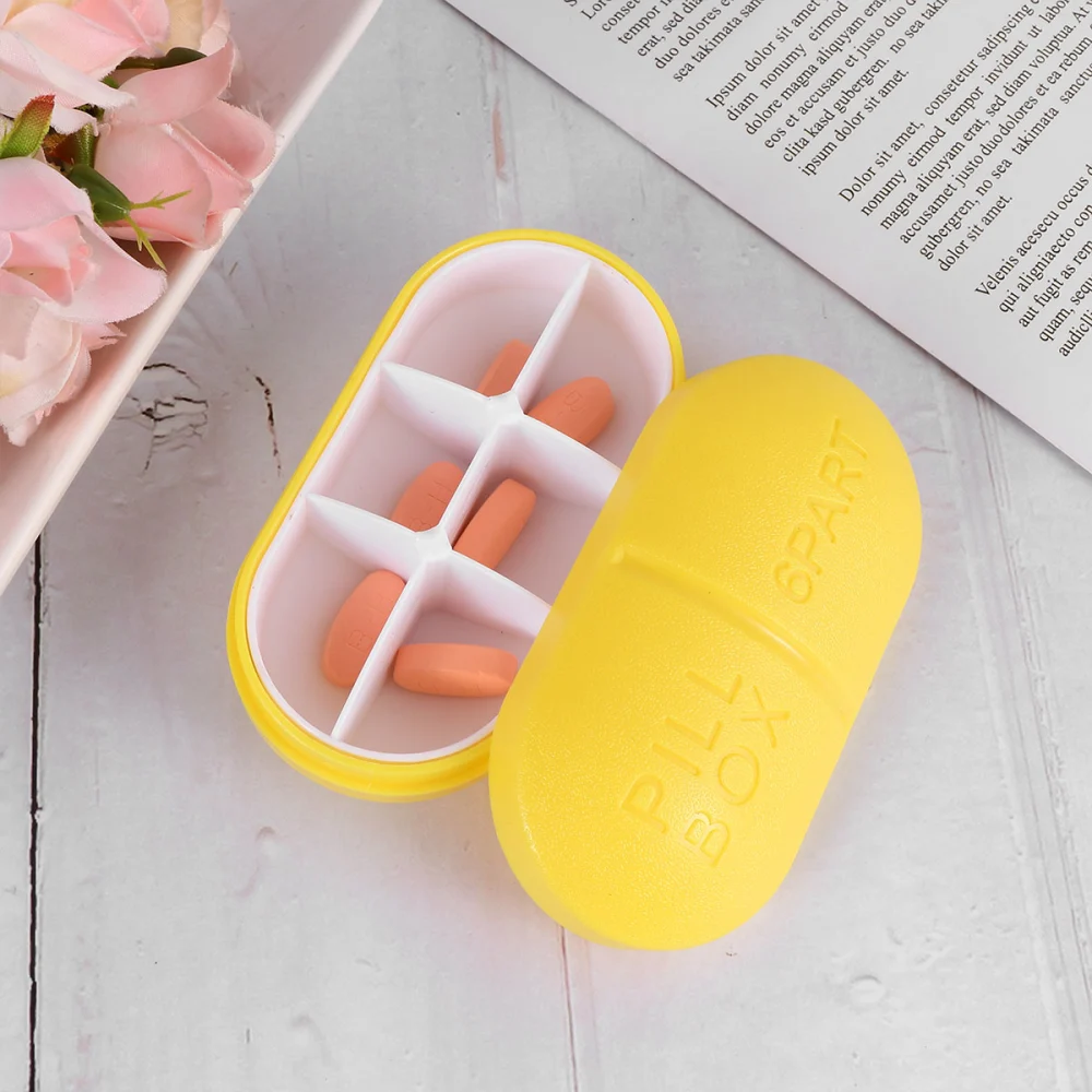 2PCS Portable Pill Box Emergency Medicine Sub Container Oval Six-compartment Capsule Box Mini Medicine Case Plastic Pill Storage Case for Home Use (Green+Yellow)