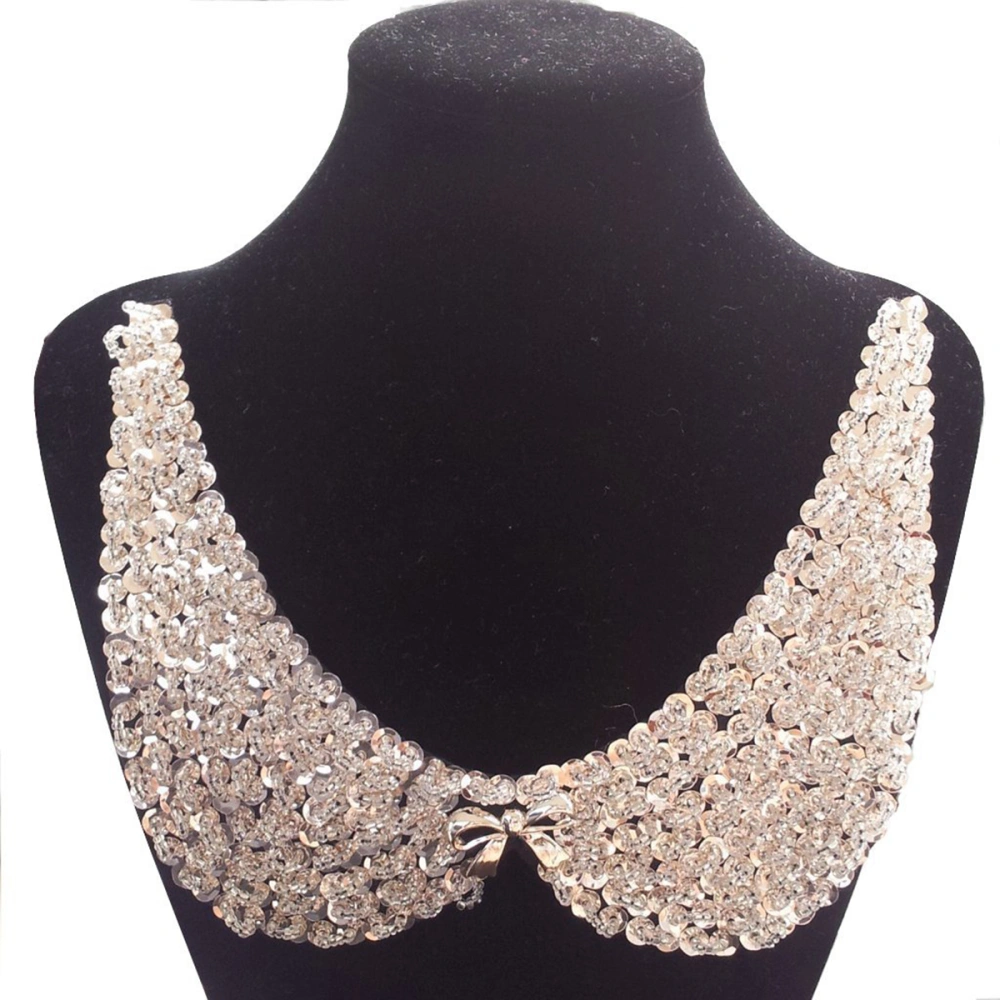 Fashion Women's Ladies Crystal Sequins Bowknot Decor False Collar Short Necklace Clavicle Chain Choker (Beige)