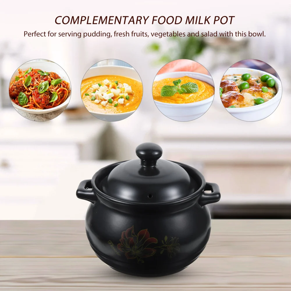 1 Pc Ceramic Casseroles Pot Earthenware Soup Pot Practical Stew Pot (Black)