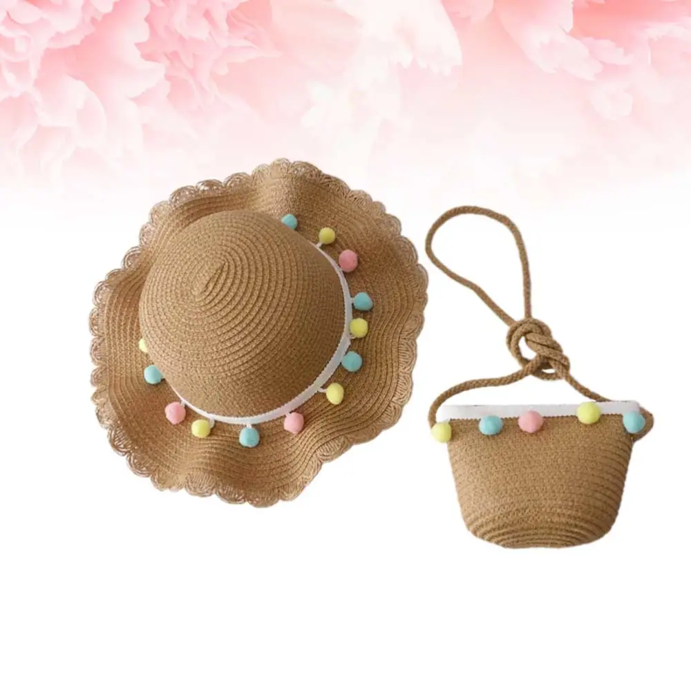 1 Set of Coloful Litter Ball Designed Kids Straw Hat Cosplay Hat Bag Cross-Body Bag (Light Coffee)