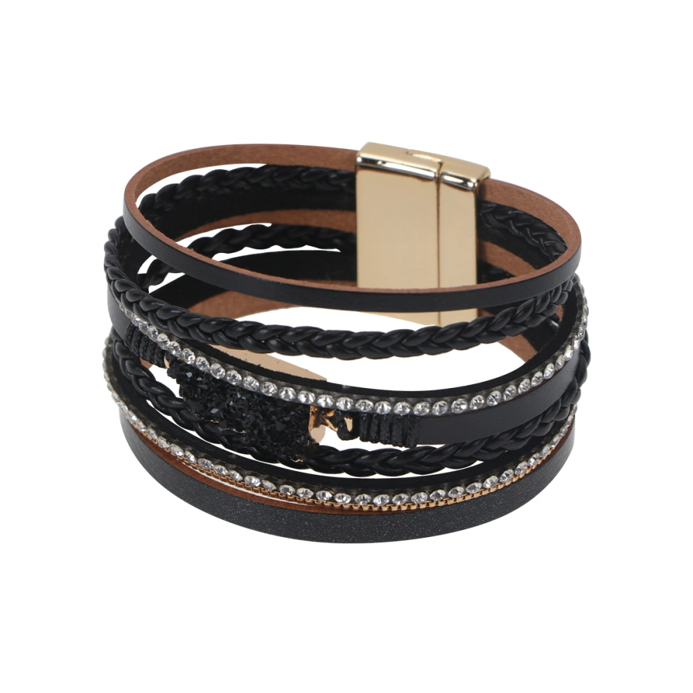 Fashion Magnetic Clasps Bangle Multilayer Leather Bracelet Charming Rhinestone-studded Wrist Jewelry for Women Ladies (Black)   